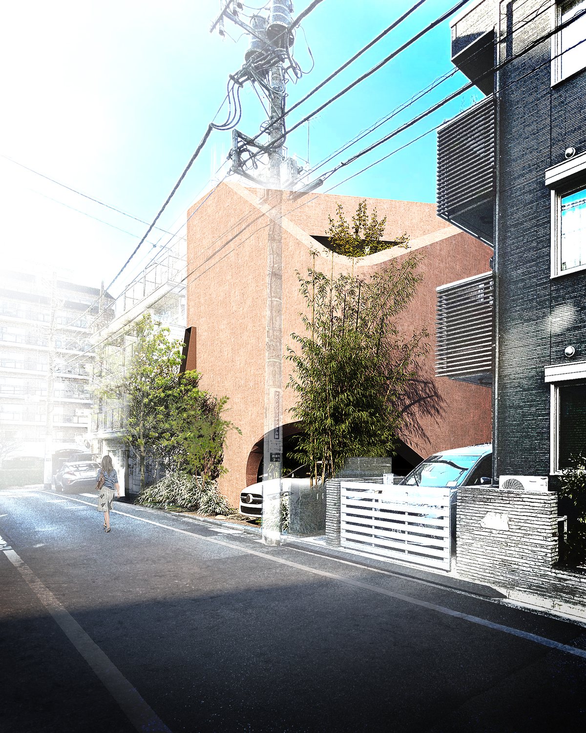 住宅街の路地に建つ、赤みのある土の壁の家。屋根の穴から木が伸びる(計画案のパース)
